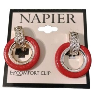 NWT Vintage Style Napier Red & Silver Clip-On Earrings - E-Z Comfort Clip